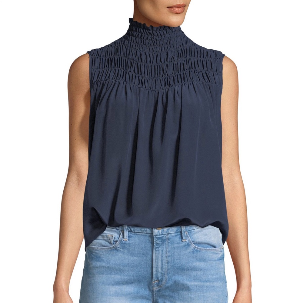 Frame smocked neck sleeveless silk blouse in navy